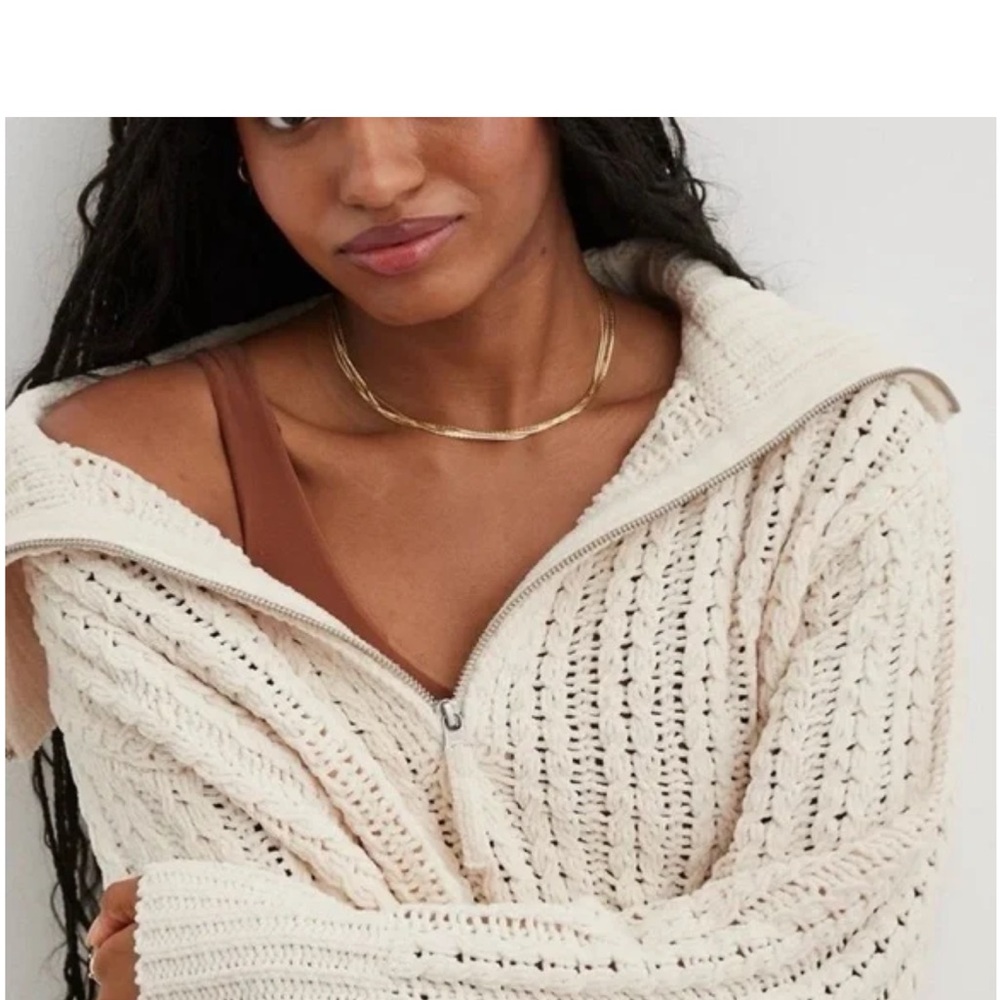 Aerie Chunky Chenille Cable Knit Quarter Zip Sweater Cream XS - Picture 2 of 7